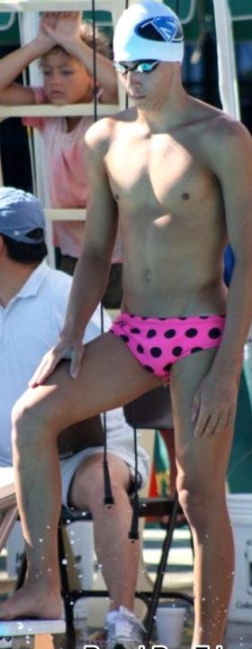 Swimmer in Black & Pink Dots Speedo