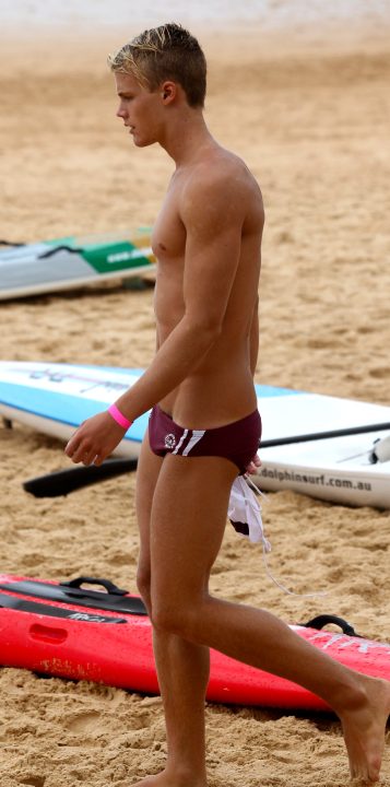 Taut blond stud in a teensy speedo