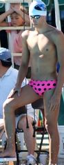 Swimmer in Black & Pink Dots Speedo
