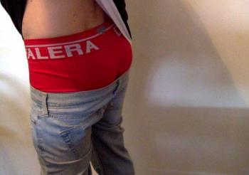 sagging hollister jeans with red underwear